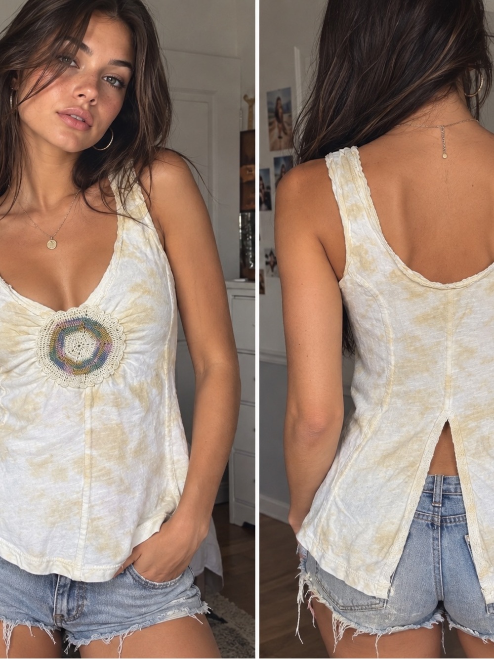 Free People Boho Indie crochet Tye-dye knit tank top with slit in back sz XS